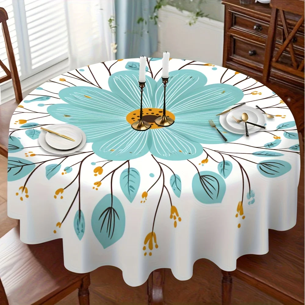 One turquoise-colored round tablecloth, suitable for a cozy dinner party - elegant floral patterns are in full bloom.zyc
