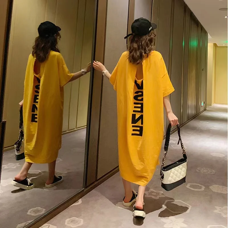 Ins เกาหลีแบบสบายๆยาวเสื้อยืดกระโปรงสาวฤดูร้อน Backless หลวมขนาดใหญ่แขนสั้น Nightdress ชุดสตรี