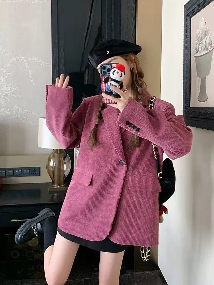 Vintage Corduroy Women Blazer Y2K Streetwear Loose Single Breasted Suit Jacket Korean Long Sleeve Elegant Office Lady Outerwear