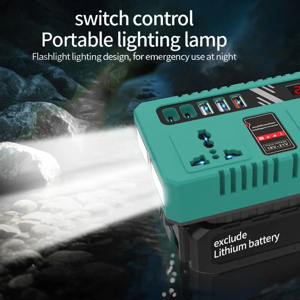 With LED Work Light Battery Power Inverter DC 21V To AC 180V-220V Battery Inverter Adapter for Makita 18V Battery