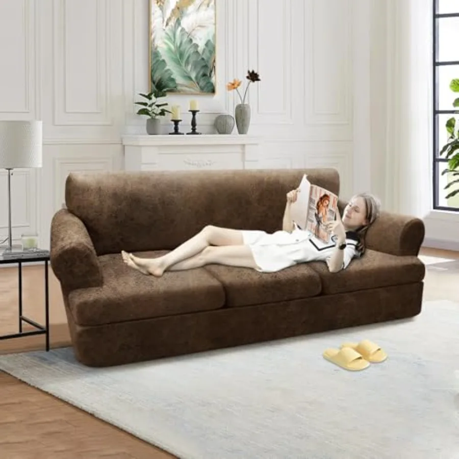 4-Pieces T Cushion Slipcovers - Leather Look Couch Cover for 3 Cushion Couch - Furniture Protector Stretch Cover With 3 Individ