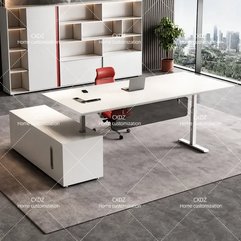 Smart Electric Height Adjustable Standing Desk White Minimalist Modern Office Table with Chair Ergonomic Lift Boss