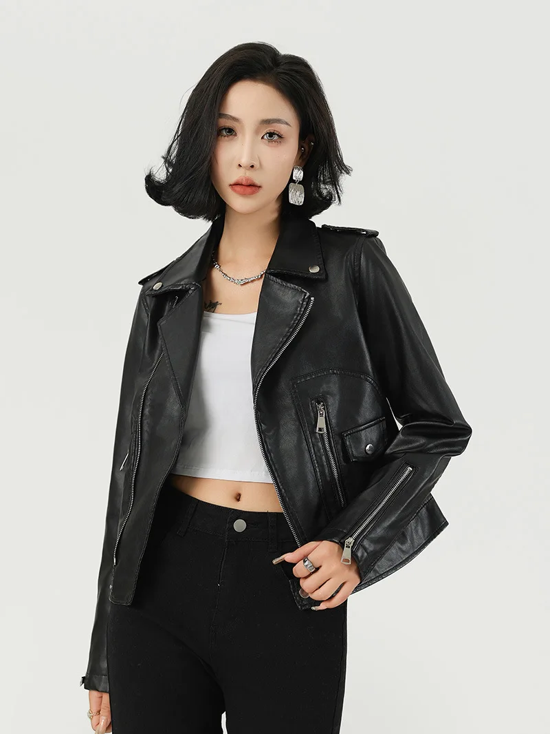 Black Women PU Leather Jacket Long Sleeve Zipper Slim Fit Motorcycle Coat Spring Autumn Faux Leather Outerwear