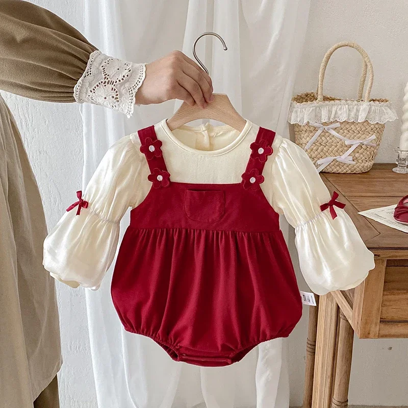 Autumn Infant Baby Girls Jumpsuit Long Sleeved Cotton Splicing Korean Style Climbing Suit 0-24M Children Clothes
