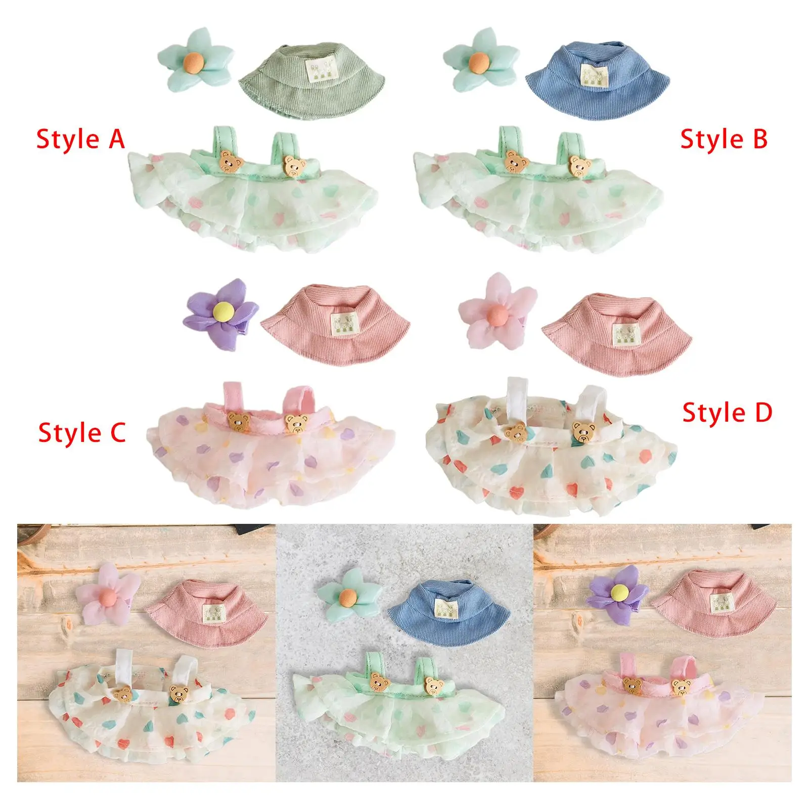 

3x Dolls Dress with Hat Hair Accessories Soft Doll Accs Dolls Clothes for 15-17cm Dolls Dress up Girl Dolls Thanksgiving Gifts