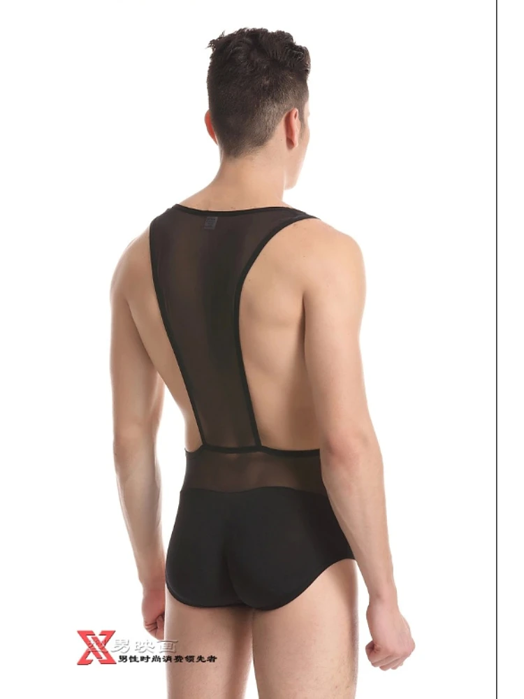 Ropa interior sexy personalizada para hombre, chaleco de malla de una pieza, ropa interior transparente negra