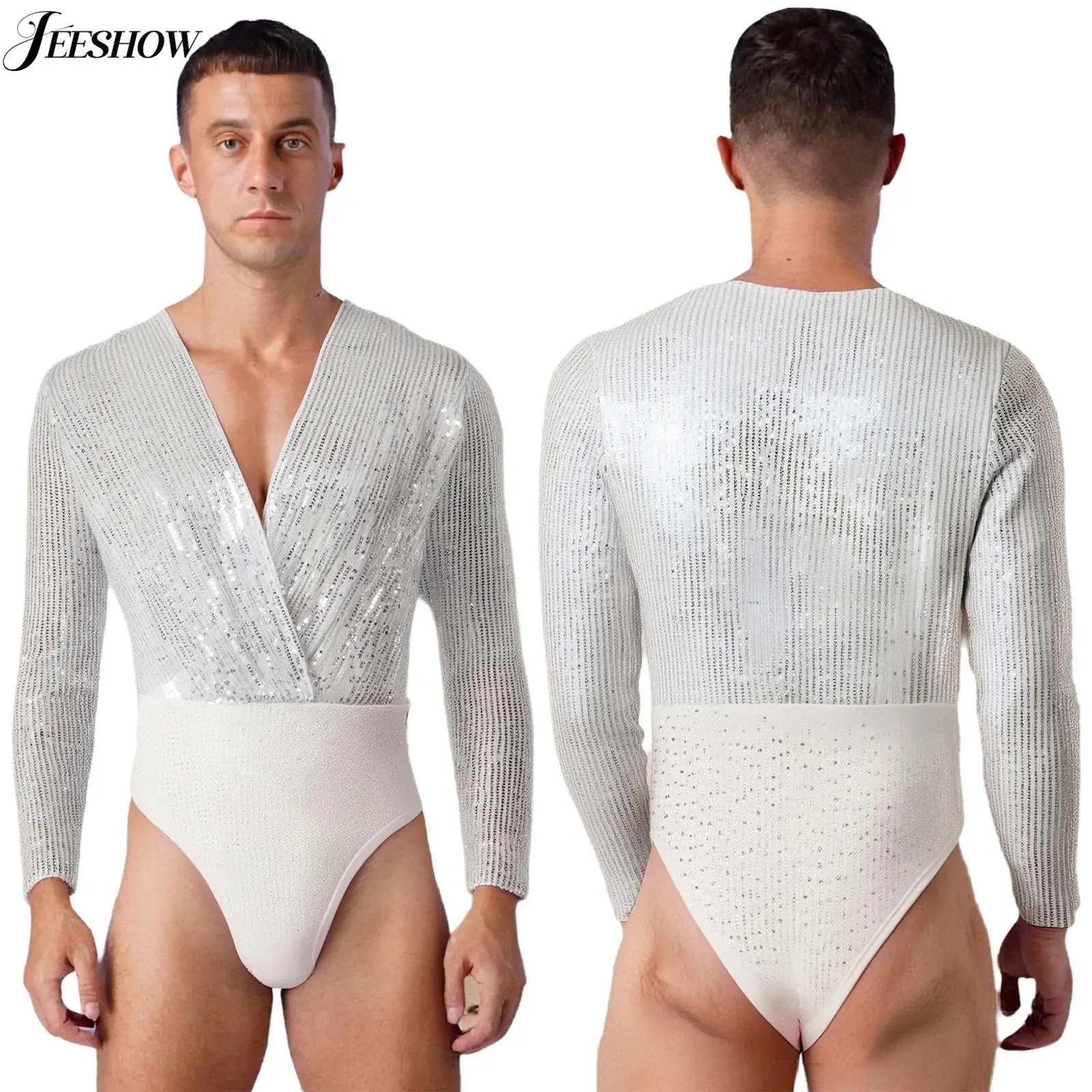 Mens Ballet Dance Leotard Shiny Sequin Front Wrap Deep V Neck Long Sleeve High Cut Bodysuit Modern Dance Performance Costume