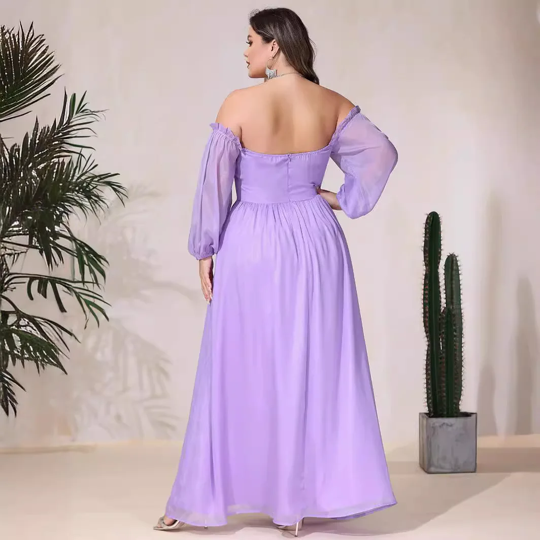 Plus Size Women Wedding Dress Fashion Chiffon One Shoulder Chest Sexy Lace Bubble Sleeve Big Swing Dress Temperament Elegant