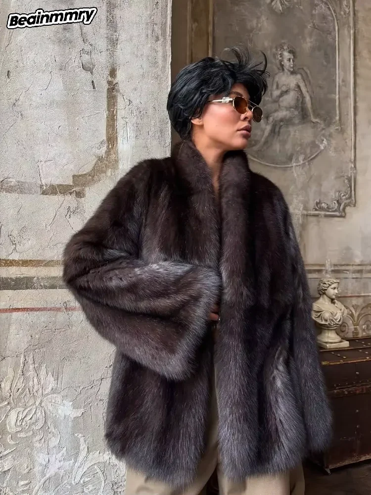 Коричневая шуба средней длины, женская шуба с лацканами и скрытыми пуговицами, свободная элегантная верхняя одежда, модное офисное женское пальто 2025, новое