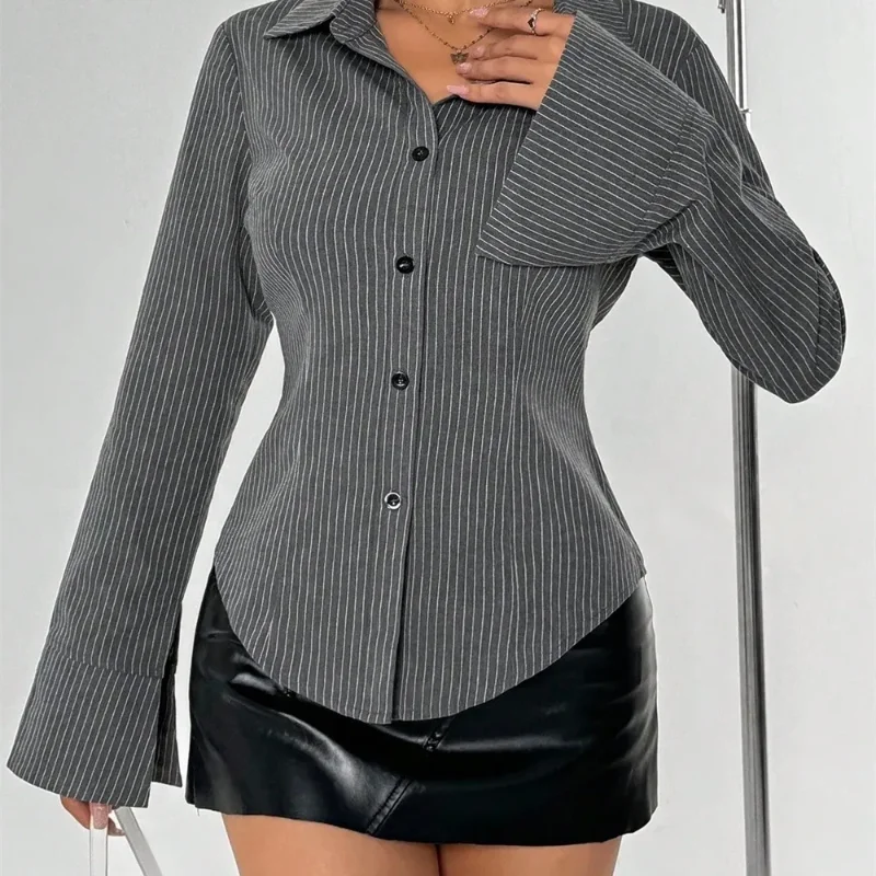 

Gray Pinstripe Button-Down Shirt Women's Slim Fit Long Flared Sleeve Collared Office Top Fashion Formal Blouse