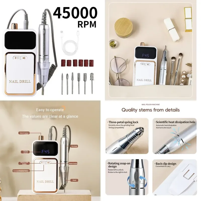 Full set of electric rechargeable portable 45000RPM heatless digital brushless motor plastic nail drills for salon gel