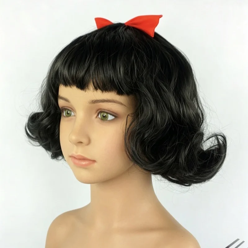 Lovely Girls Snow White Hair Wig Girls Dress Up Wig Princess Cosplay Hair Black Curly Hair Wig with Red Bow Kids Role Play Props - view 4