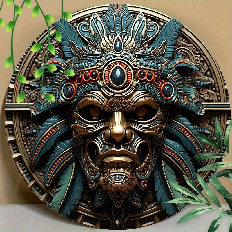 Aztec Warrior 8" Okrągła aluminiowa grafika ścienna - odporna na promieniowanie UV i zarysowania, łatwa do zawieszenia dekoracja do domu, biura, kawiarni
