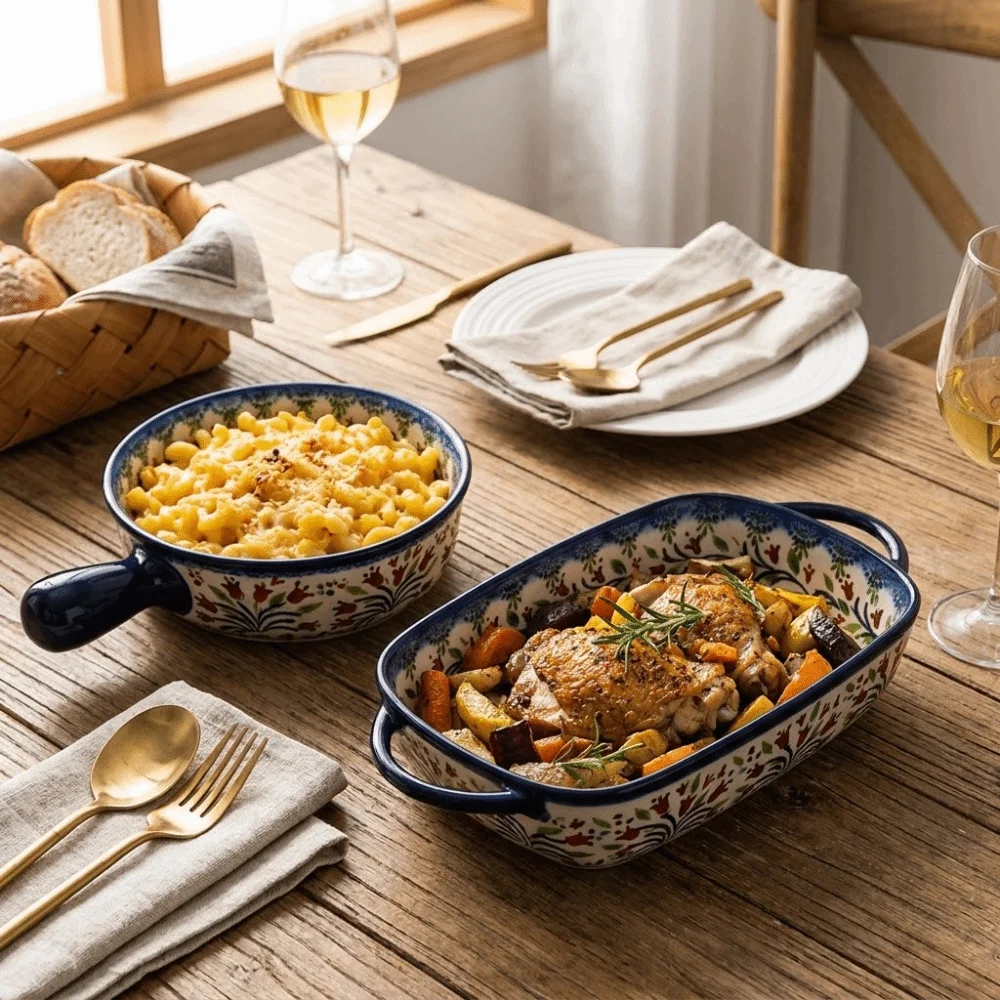 

Bohemian Double Ear Ceramic Baking Tray With Handles Rectangular Baking Dish Versatile Flower Pattern Soup Bowl Restaurant