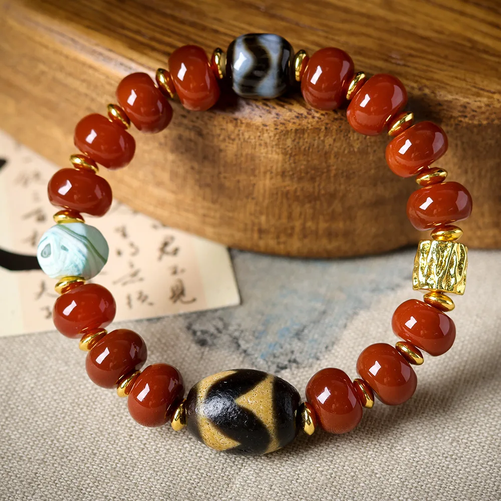 Original Design Southern Red Agate with Tibetan Tiger Teeth Bead Bracelet Calcified Agate Bracelet