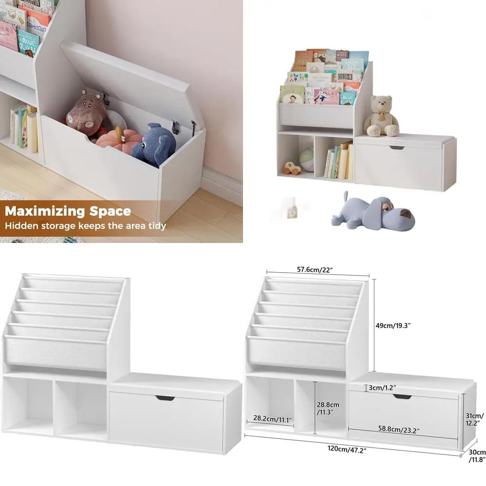 

5-ярусная детская книжная полка с зоной для чтения, органайзером для хранения и подушкой-сиденьем для игровой комнаты, детской, гостиной - белая KBWT8501