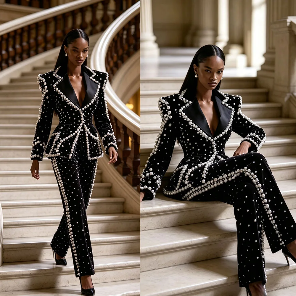 Elegant Women's Evening Dresses Beads Suit Gown Notched Lapel One Button Jacket Pants For Female Satin 2 Pieces Suit Customized