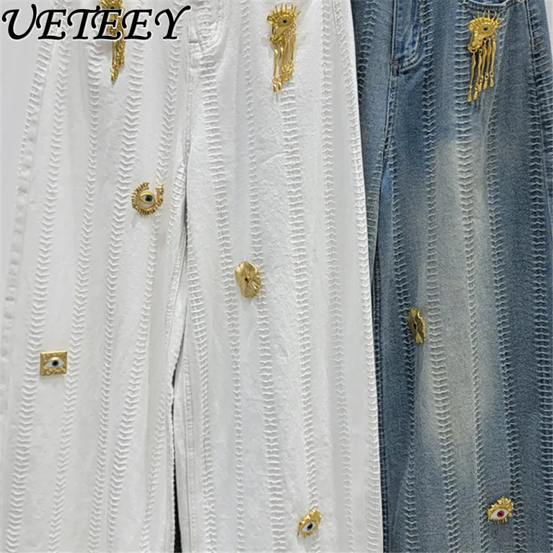 

Women's Pantalones Metallic Embellished Jacquard White Denim Jeans High Street Wide Leg Straight Casual Pants Long Trousers