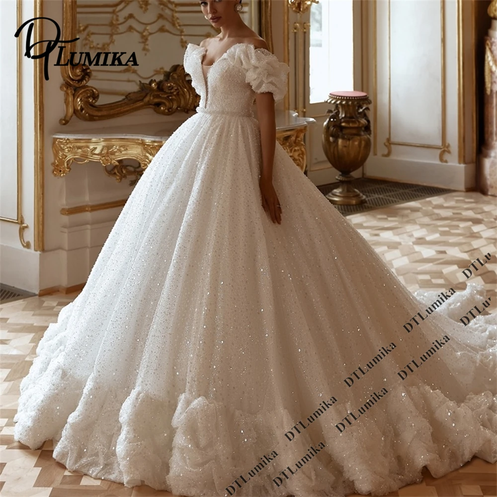 DTLumika Princess Ball Gown Wedding Dress Glitter Tulle Long Train Bride Dresses with Ruched Off the Shoulder Sleeves Customized