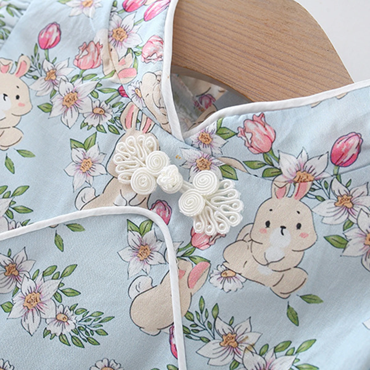 Summer Newborn Girl Cartoon Rabbit Chinese Style Long Sleeve Dress Cotton Long Ears Qipao Girl Baby Clothing