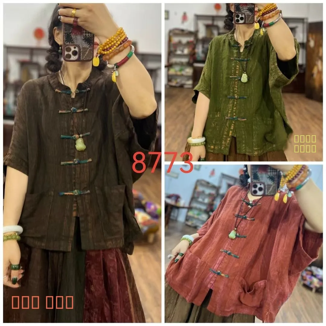 

Original Design Vintage Pure Linen irt with Large kets Hand Sewing Loose Slimming Artistic Top Women's Faion Spring 2025