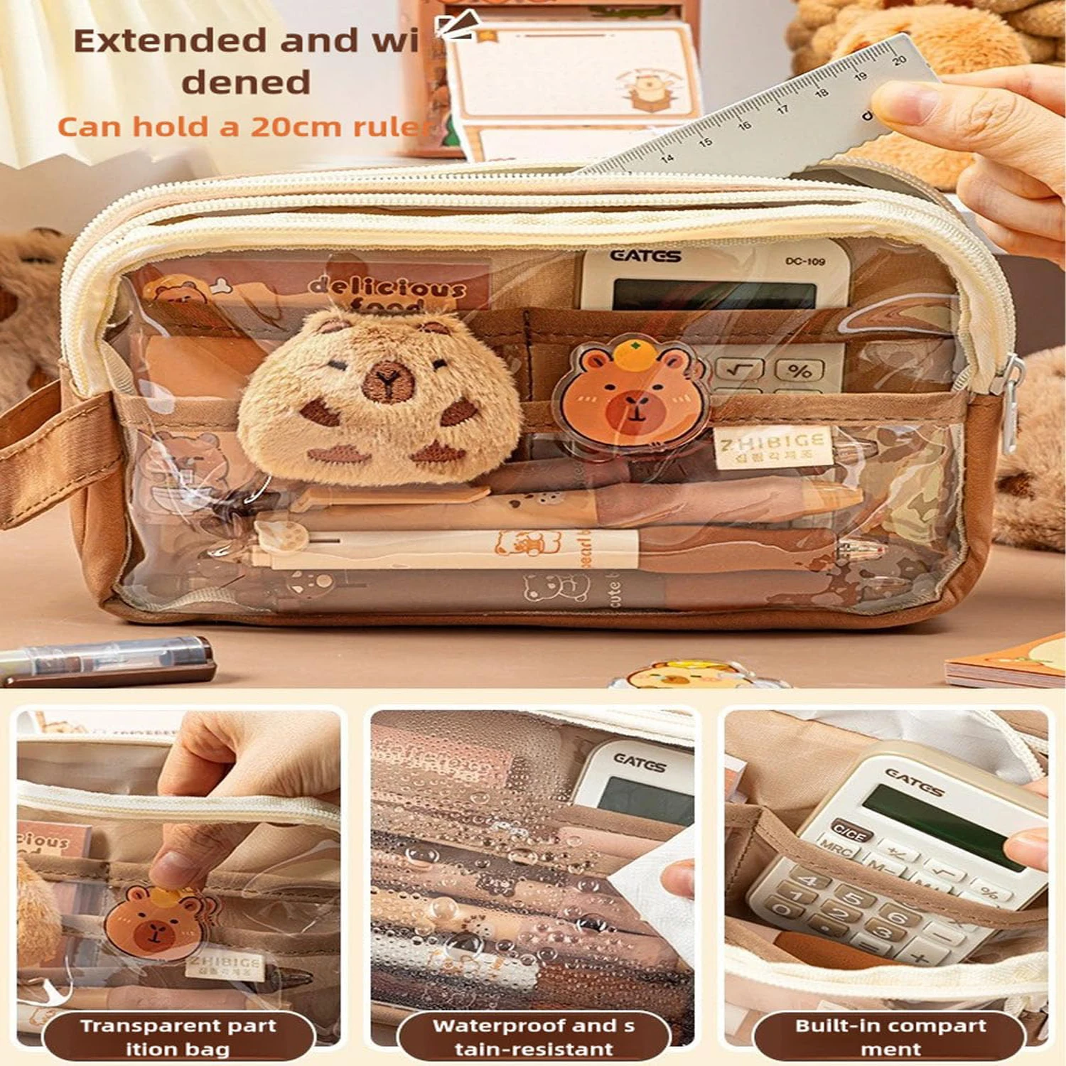 Cute Capybara Pencil Case School Supplies Clear Aesthetic Pencil Pouch with Cute Capybara Pins and Plush Stickers and Memo Pad