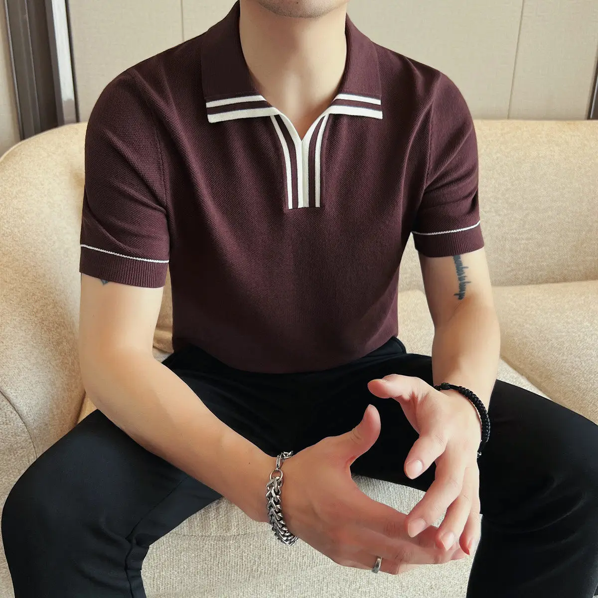 

Мужская приталенная футболка-поло из ледяного шелка, дышащая и влагоотводящая, с коротким рукавом, в стиле ретро, с контрастными вставками