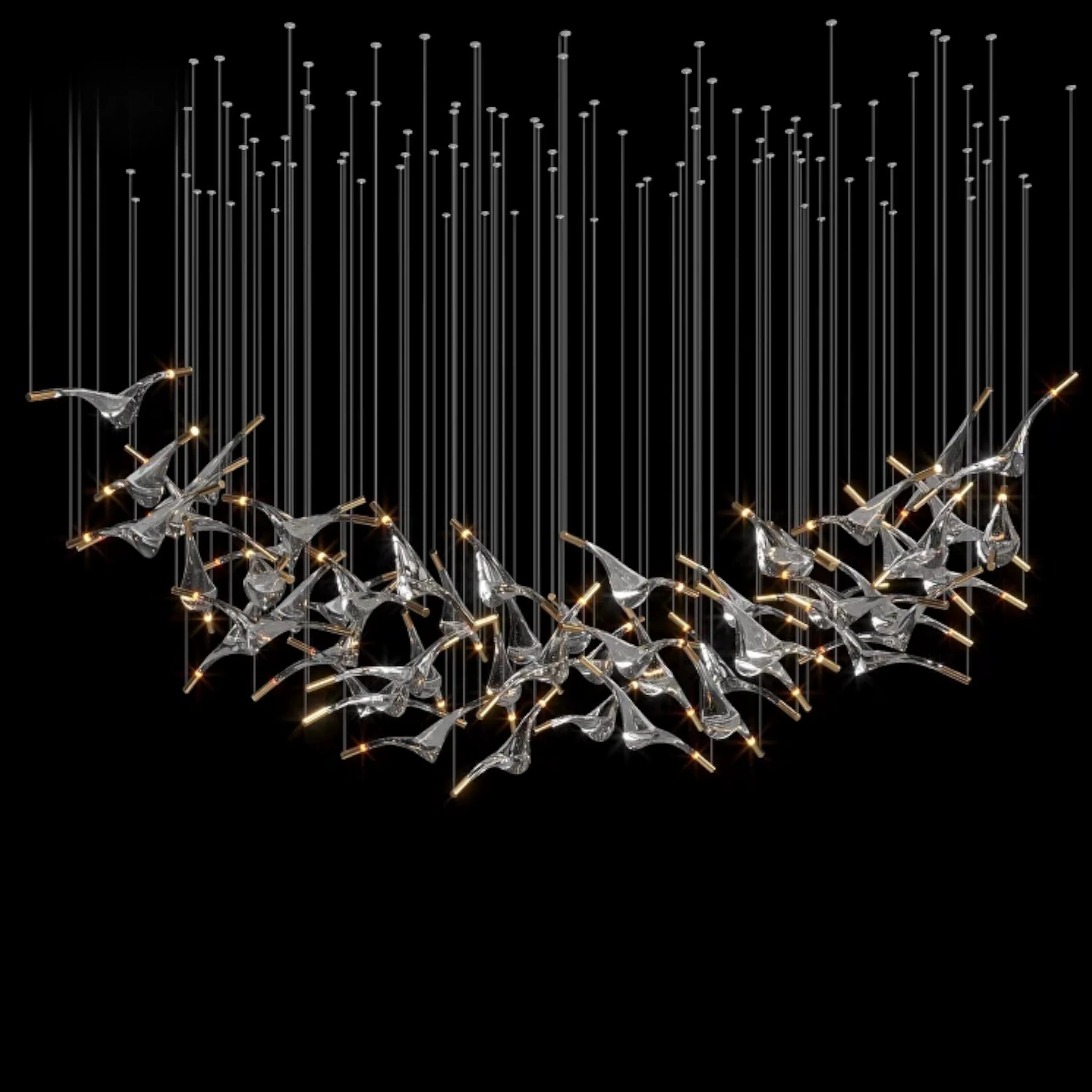Grand Cascading Crystal Bird LED Chandelier - Handcrafted Clear Glass Ambient Light for Luxury Villa & Banquet Hall