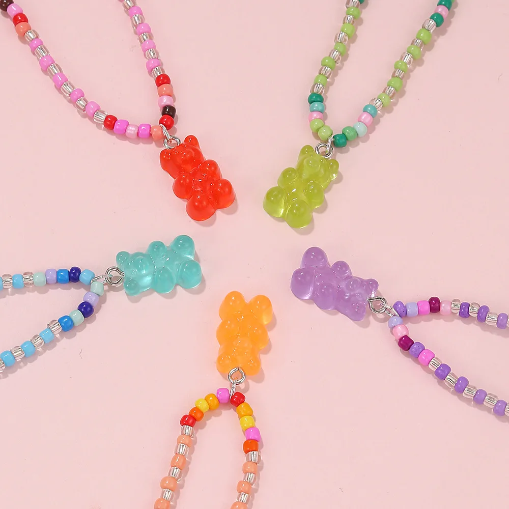 Color Beads Handmade Beaded Necklace Cute Bear Gummy Pendant Cartoon New Children's Jewelry 5 Pack