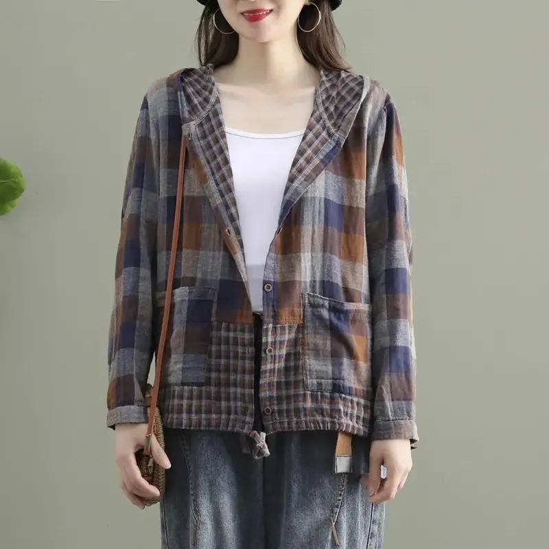 Vintage Printed Spliced Shirring Pockets Hooded Plaid Shirt Women\'s Clothing 2023 Spring Autumn New Casual Tops Korean Blouse