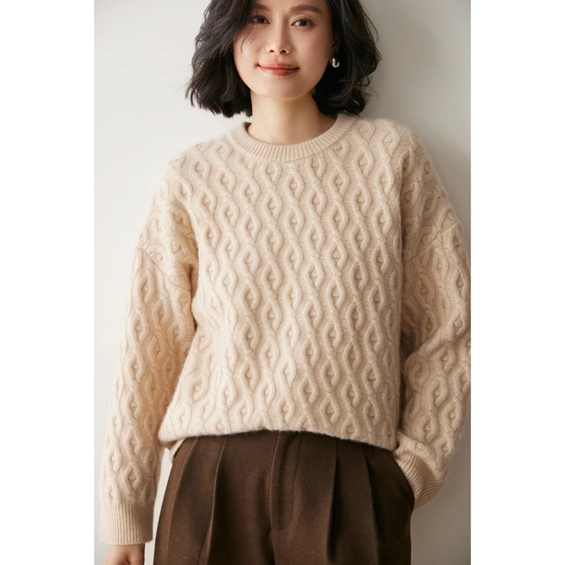 الخريف الشتاء المرأة س الرقبة الكشمير البلوفرات سترة فضفاضة 100% الكشمير تريكو تويست زهرة الملابس الناعمة حجم كبير