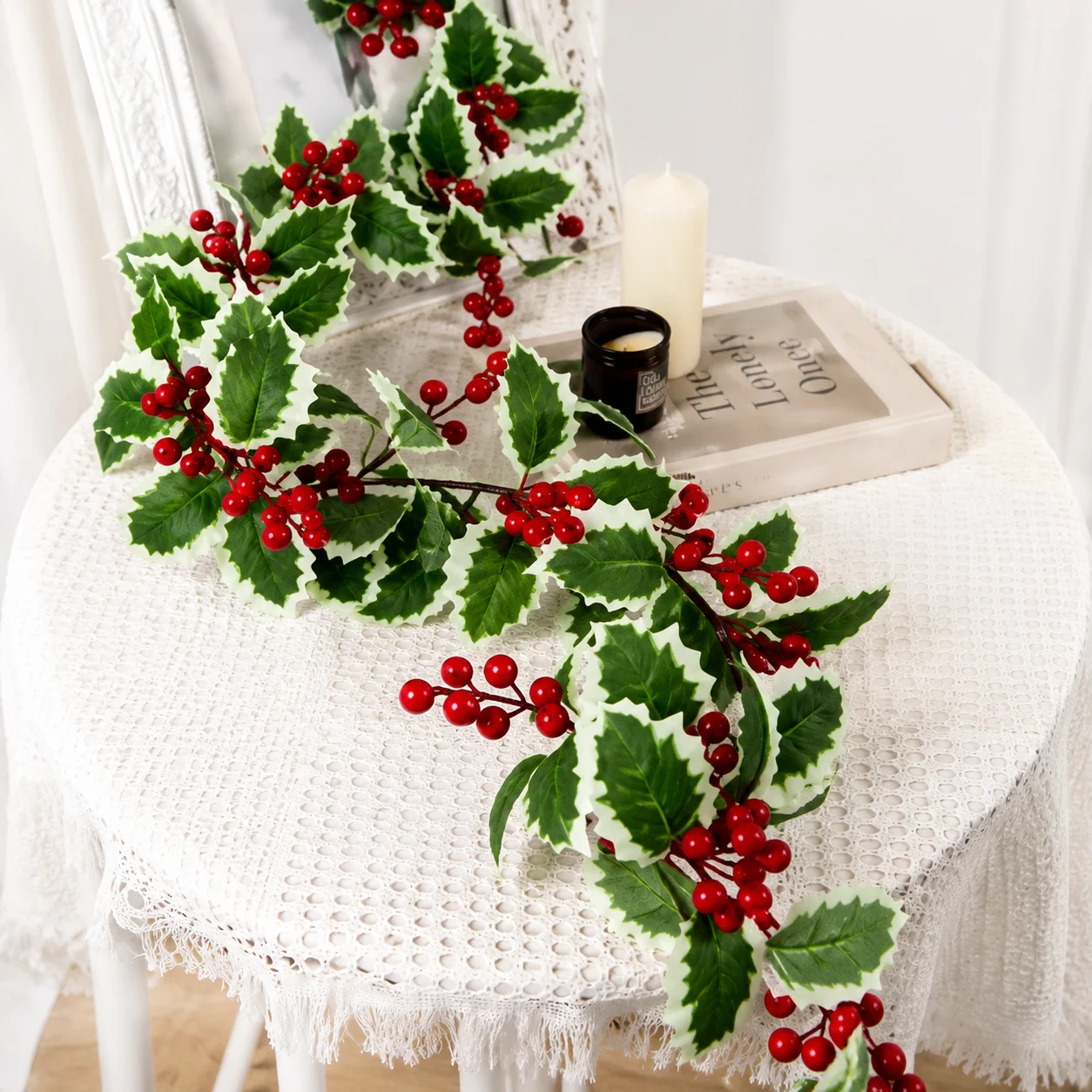 175cm Artificial Holly Berry Garland Christmas Green Leaf Vine Hanging Decoration for Wreath Mantel Stair Table Navidad Decor