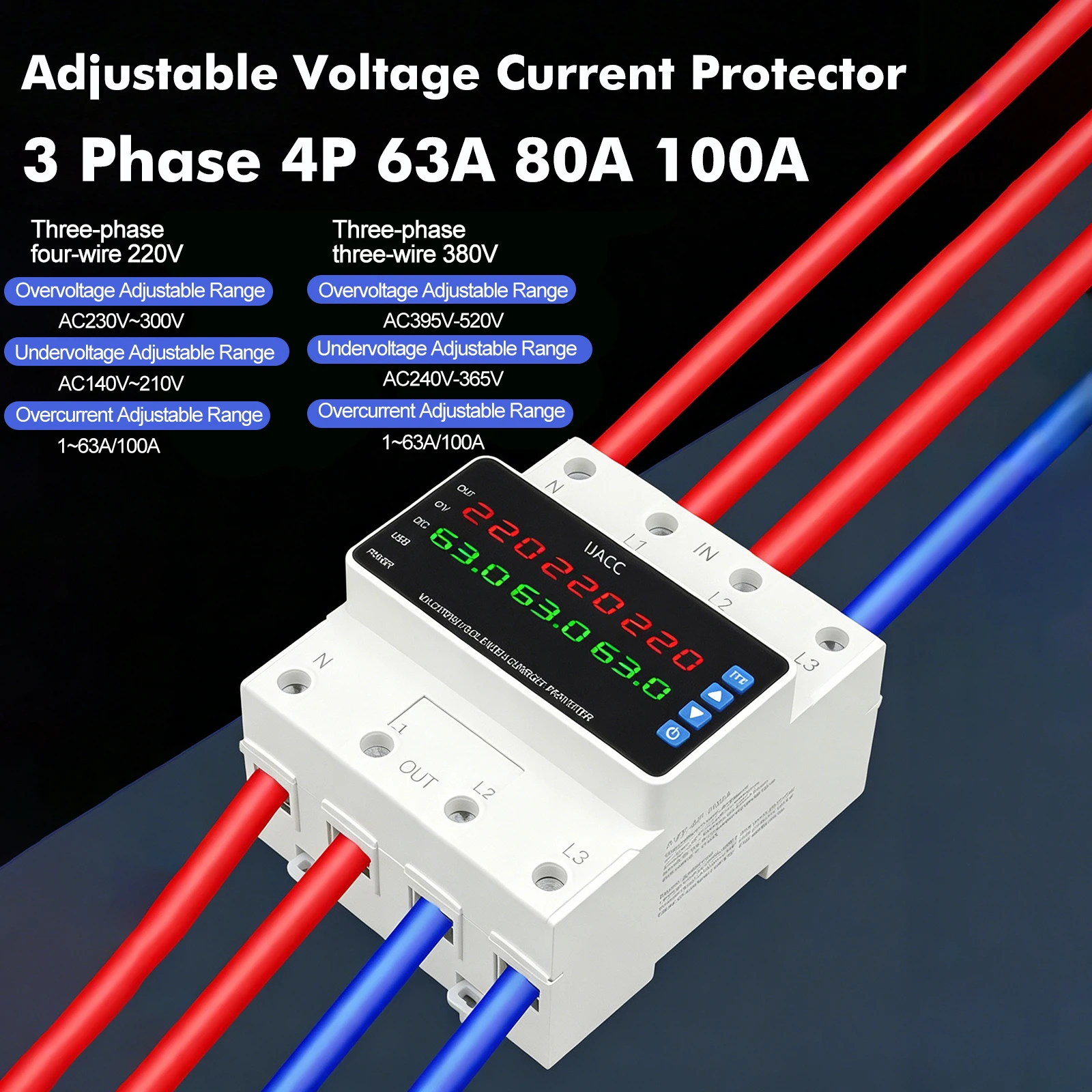 3 Phase Adjustable Over and Under Voltage Protector 4P 63A 80A 100A LED Digital Display Voltage Limit Protection Circuit Breaker
