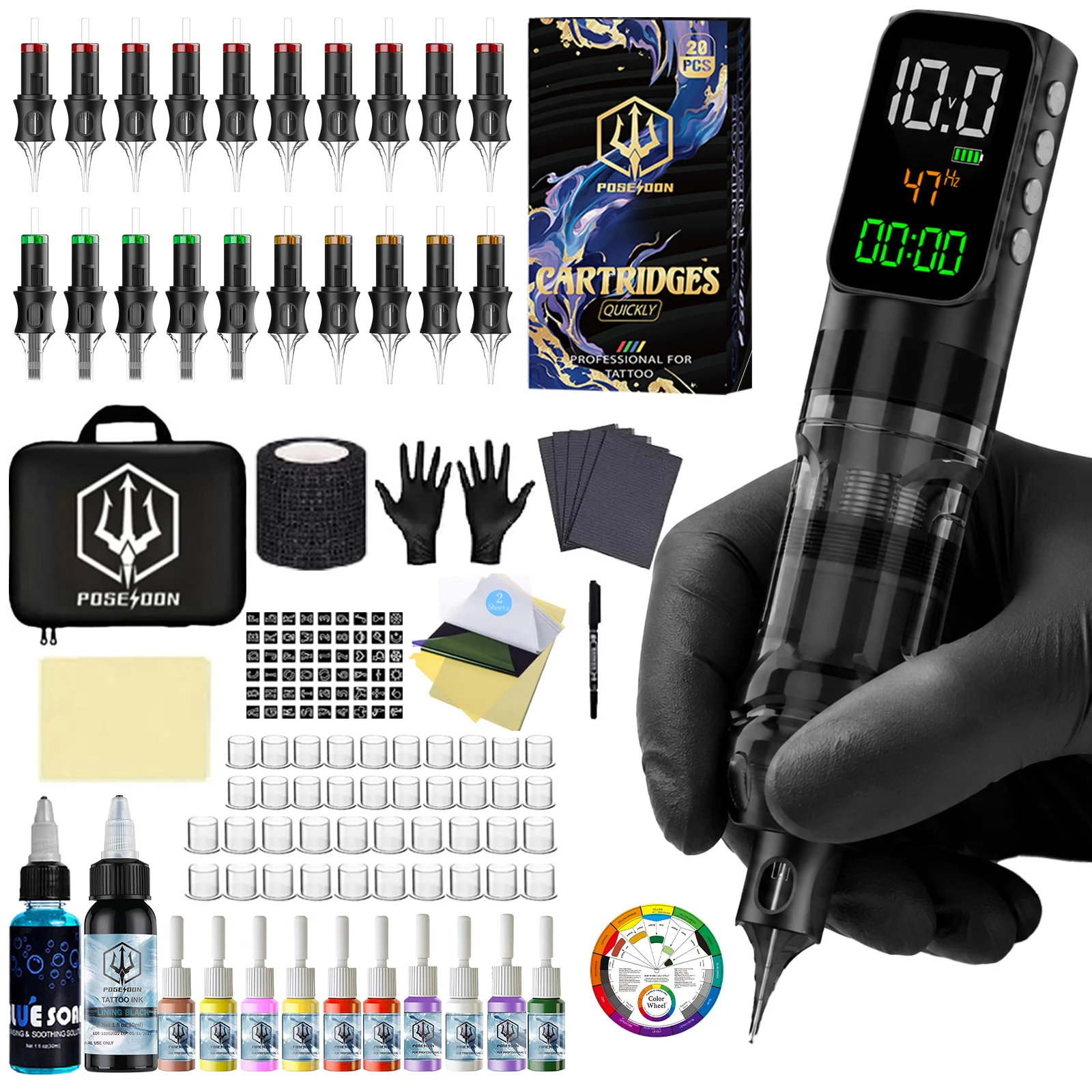 

POSEIDON Tattoo Kit V5 with Large Color Screen Tattoo Pen Kit for Permanent Makeup Tattoo Machine Kit with Wireless Power Supply