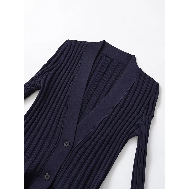 Yenkye primavera 2026 feminino botão frontal bud azul marinho malha mini vestidos manga longa decote em v roupas chiques