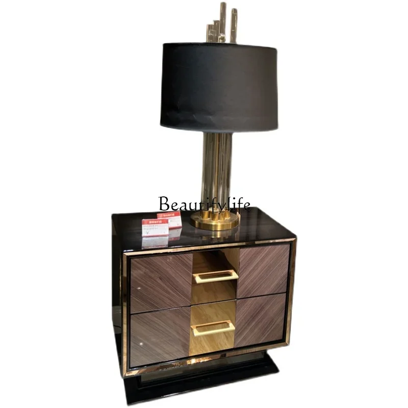 

Light luxury solid wood bedside table stainless steel decorative villa high-end bedroom locker