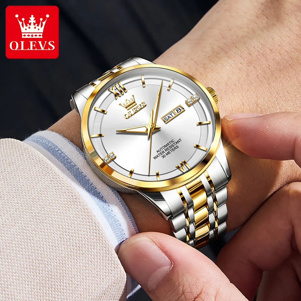 OLEVS 7061 Herrenuhr, Dual-Kalender, mechanische Uhr für Männer, hohe Härte, Spiegel, Edelstahl, wasserdicht, Luxus-Handuhr