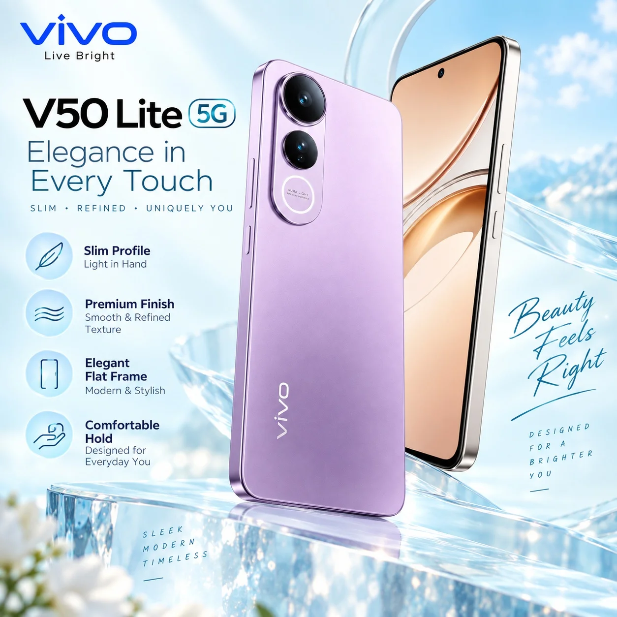 VIVO V50 Lite 5G: 8GB+256GB, Dimensity 6300, 120Hz AMOLED, 50MP Sony camera, 6500mAh battery, 90W charging and IP65 protection.