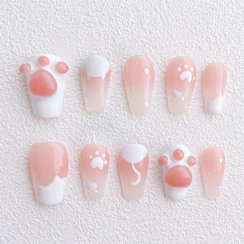 

10pcs Handmade Short Press on Nails Hand-Painted Cat Claws Love Heart Fake Nail for Women and Girl Removable Wearable Nail