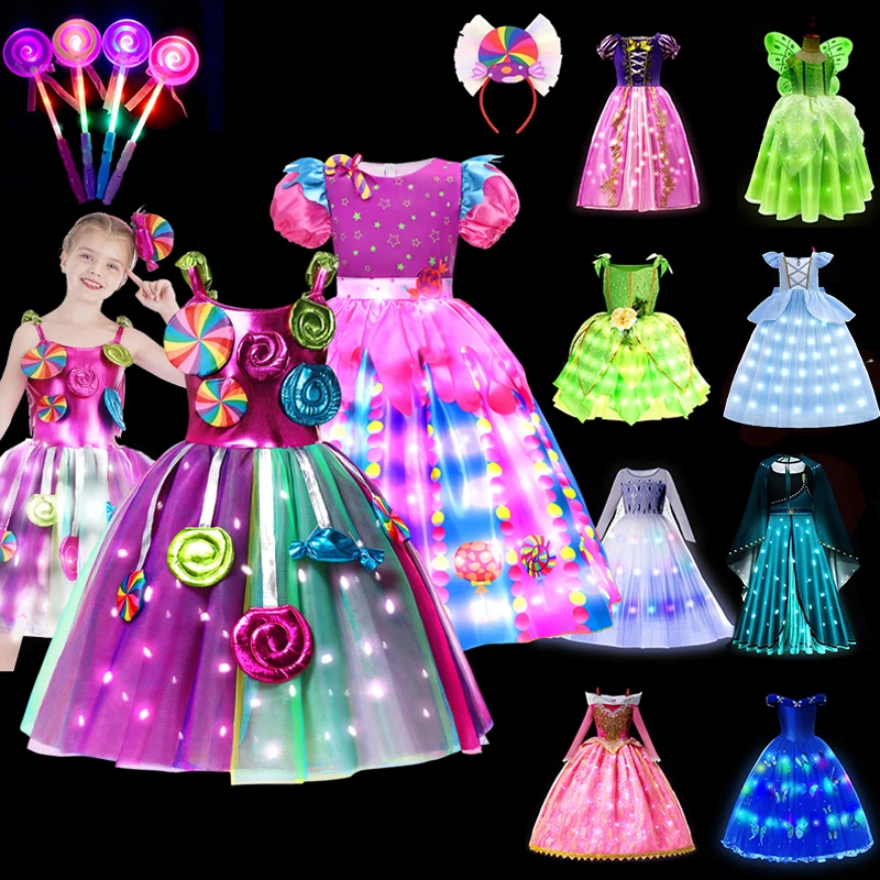 LED Light Up Girls Princess Candy Dress Costume for 2-10Y Children Cosplay Party Clothes Outfit Carnival Christmas Prom Gown