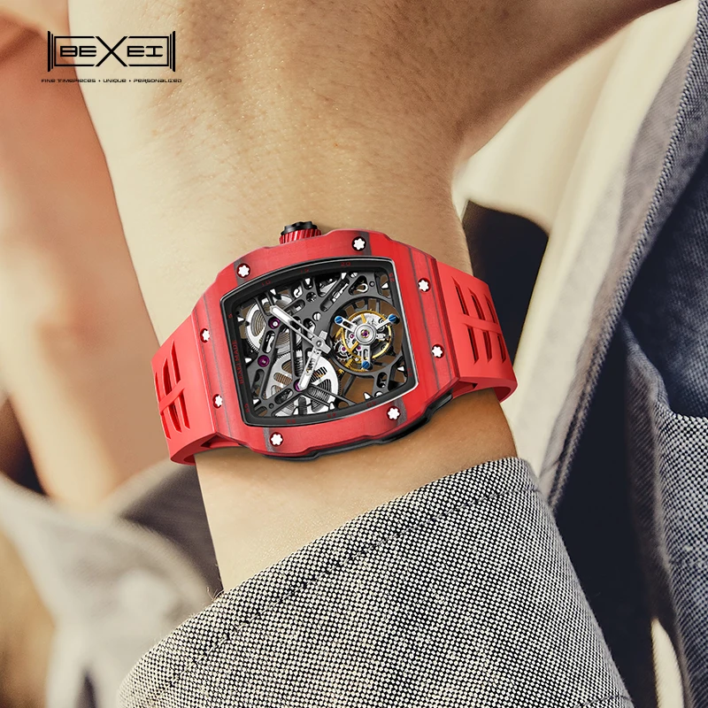 BEXEI ألياف الكربون توربيون حركة رجل ساعة دليل تحلق توربيون الميكانيكية الفاخرة الهيكل العظمي ساعات رجالية 9089 #1