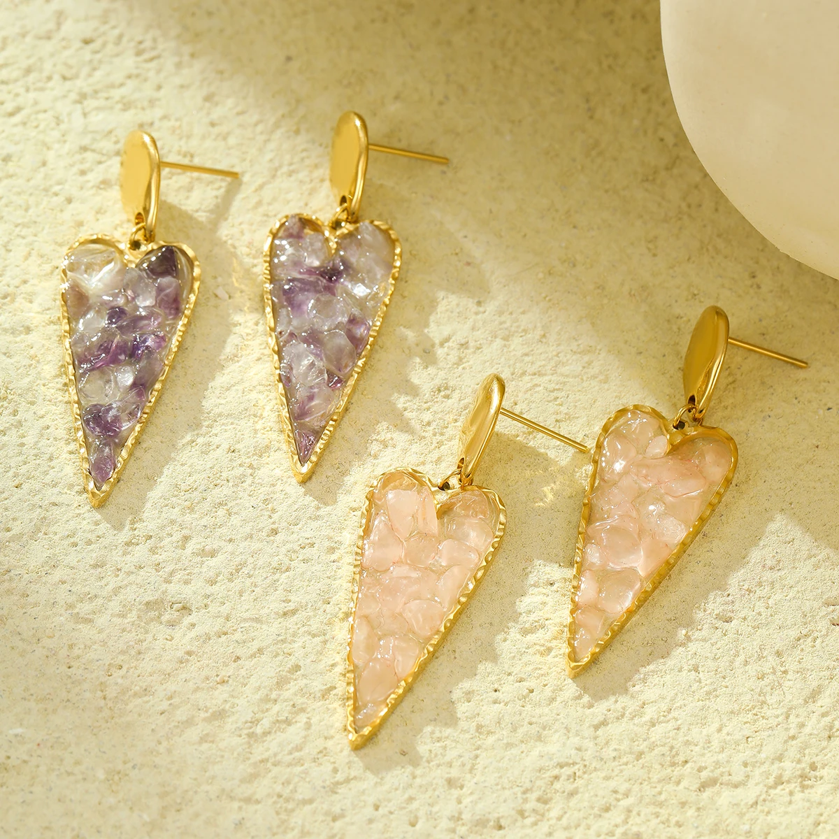 Nimai-ハート型のステンレス鋼のペンダントイヤリング,女性用,ドロップ型の天然石,愛のある桃,ピンクと紫,2024