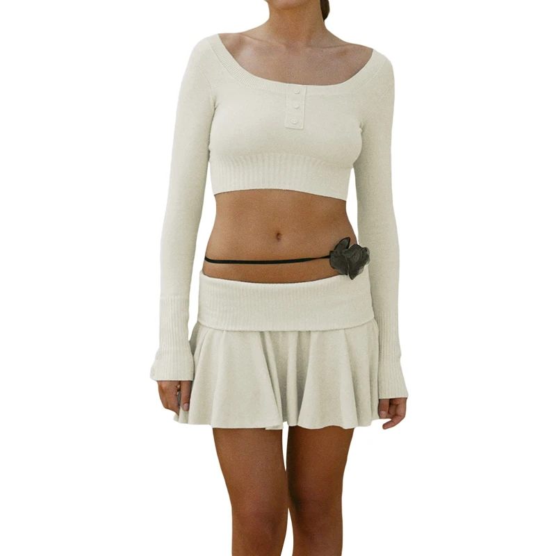 90s Vintage Knitted 2 Piece Set Chic Women Button O Neck Long Sleeve Crop Top T-shirt + Low Waist Pleated Mini Skirt Outfits