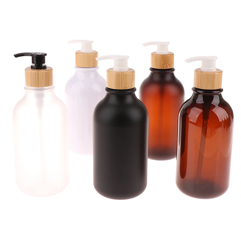 

300/500ML Bamboo Pump Dispenser Bathroom PET Plastics Dish Soap Empty Bottle Lotion Refillable Shower Liquid Frosted Container