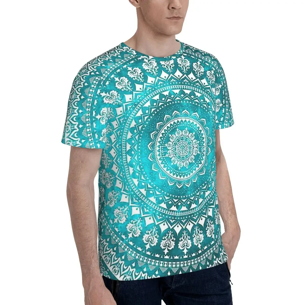 Mandala Turquoise T-Shirt for Men polyester T Shirts Men's Short Sleeve Crew Neck Summer Clothes Tops