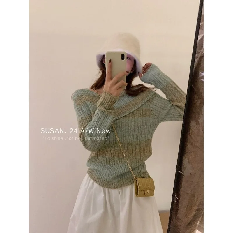 Women Lazy Style Autumn Winter Gradient Color Off Shoulder Knit Sweater Long Sleeve Versatile Pullover Top