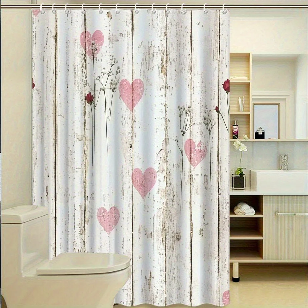 白いハート型の花柄、洗濯可能、防汚、シャワーカーテン、シャワーヘッド、防水ポリエステル製バスカーテン、ホームデコレーション用
