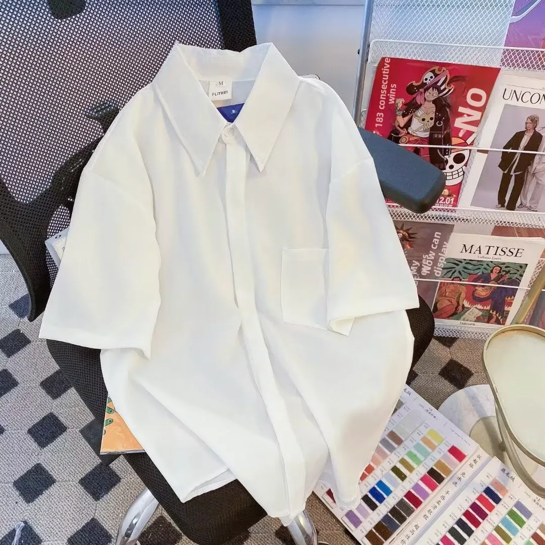 

White Ice Silk Short Sleeve Shirt Men Summer Thin Loose Casual Shirt Trendy American Teenage Cool Sensation Outerwear