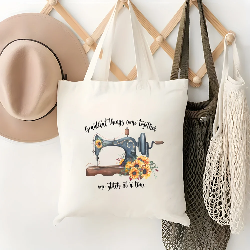 A Sewing machine pattern print canvas tote bag, suitable for daily use, shopping, school, and travel