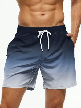 Calções de praia masculinos gradiente cor bloco cordão verão troncos de natação masculino cintura elástica impressão 3d respirável curto streetwear
